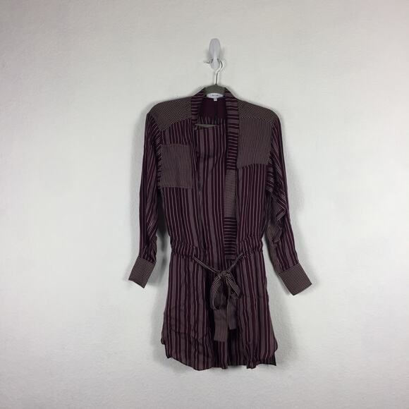 NWT Reiss Albi Burgundy Striped Shirt Dress Size 0 Tie Waist Button Workwear - Picture 3 of 16